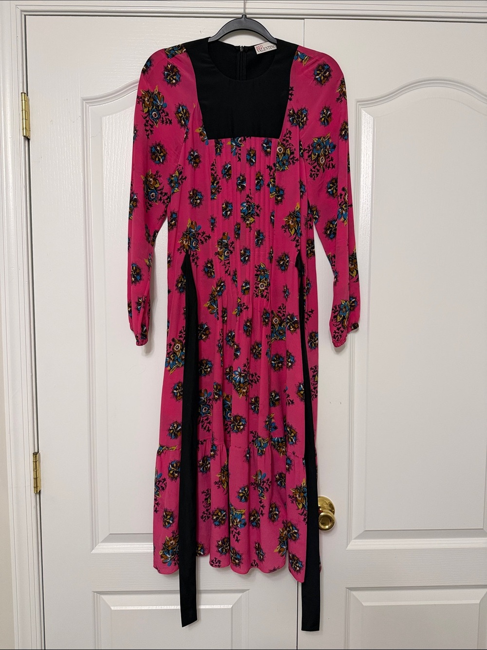 RED Valentino Pink Floral Long-Sleeve Midi Dress with Black tie